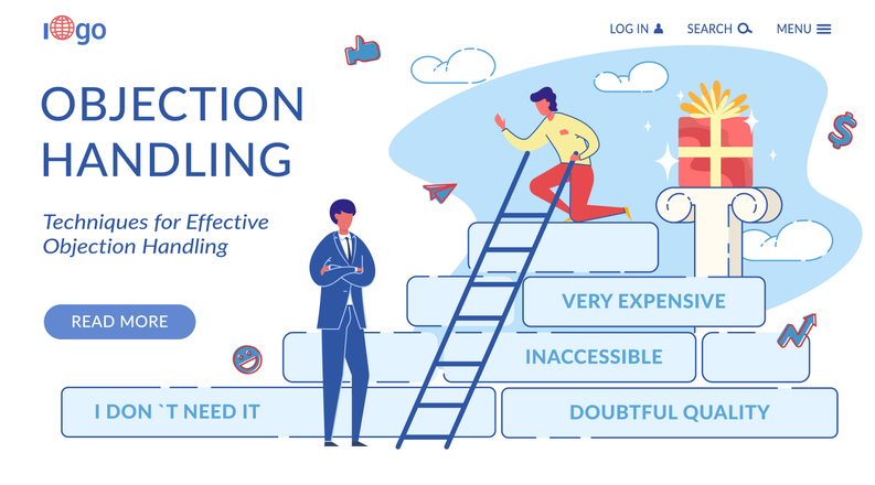 Objection Handling Flat Landing Page Template. Effective Sales Technique Website Homepage Cartoon Vector Layout. Inaccessible Price Product. Customer Character Buying Expensive Goods Illustration